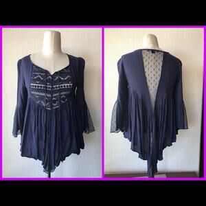 WAPI Boho chic top flare sleeve lace back accent hippie western festival size XS